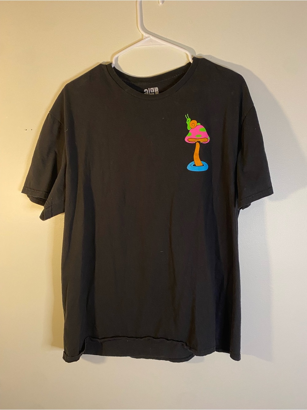Black Tee with Colorful Mushroom Graphic